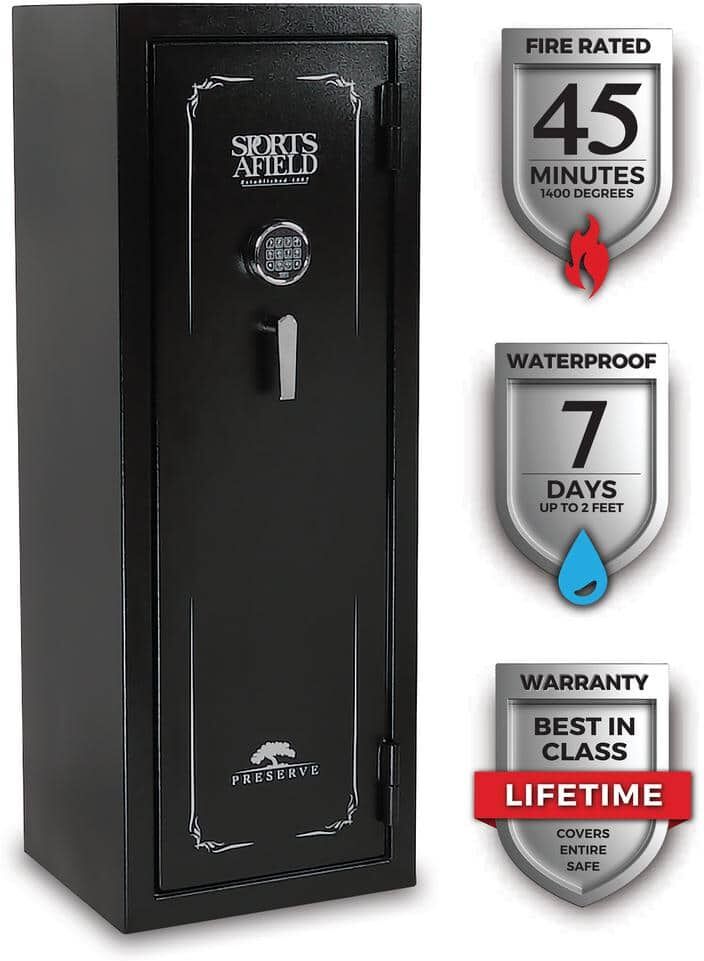 Sports Afield Preserve 18-Gun Fire and Waterproof Gun Safe with Electronic Lock, Black Textured Gloss