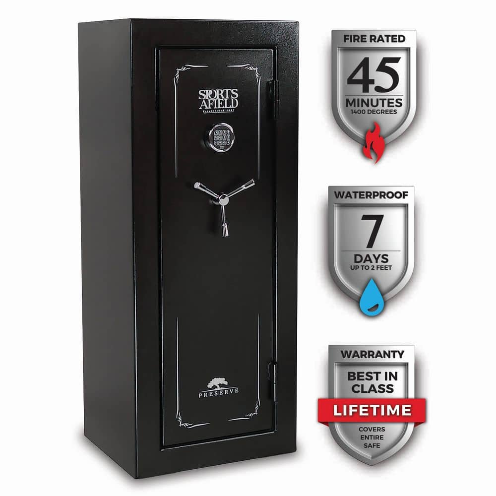 Sports Afield Preserve 24-Gun Fire and Waterproof Gun Safe with Electronic Lock, Black Textured Gloss