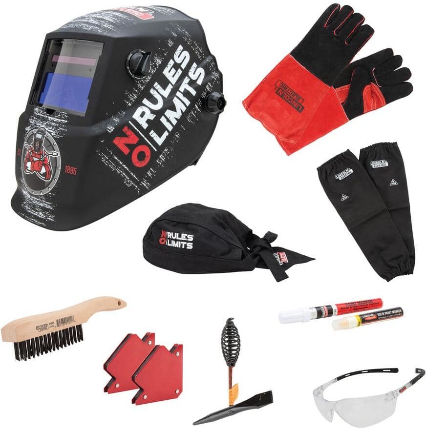 Lincoln Electric No Rules No Limits Welding Kit with Auto Darkening 7-13 Helmet, Gloves, Brush, Magnets, Doo Rag, Sleeves, Safety Glasses