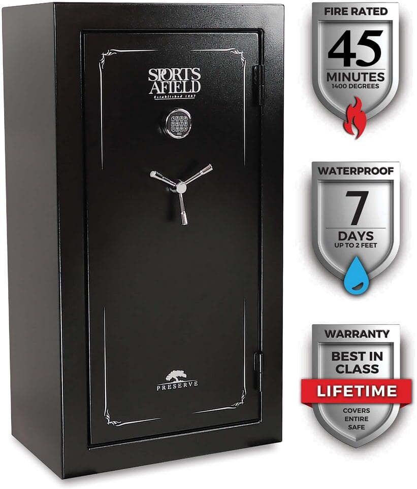 Sports Afield Preserve 32-Gun Fire and Waterproof Gun Safe with Electronic Lock, Black Textured Gloss