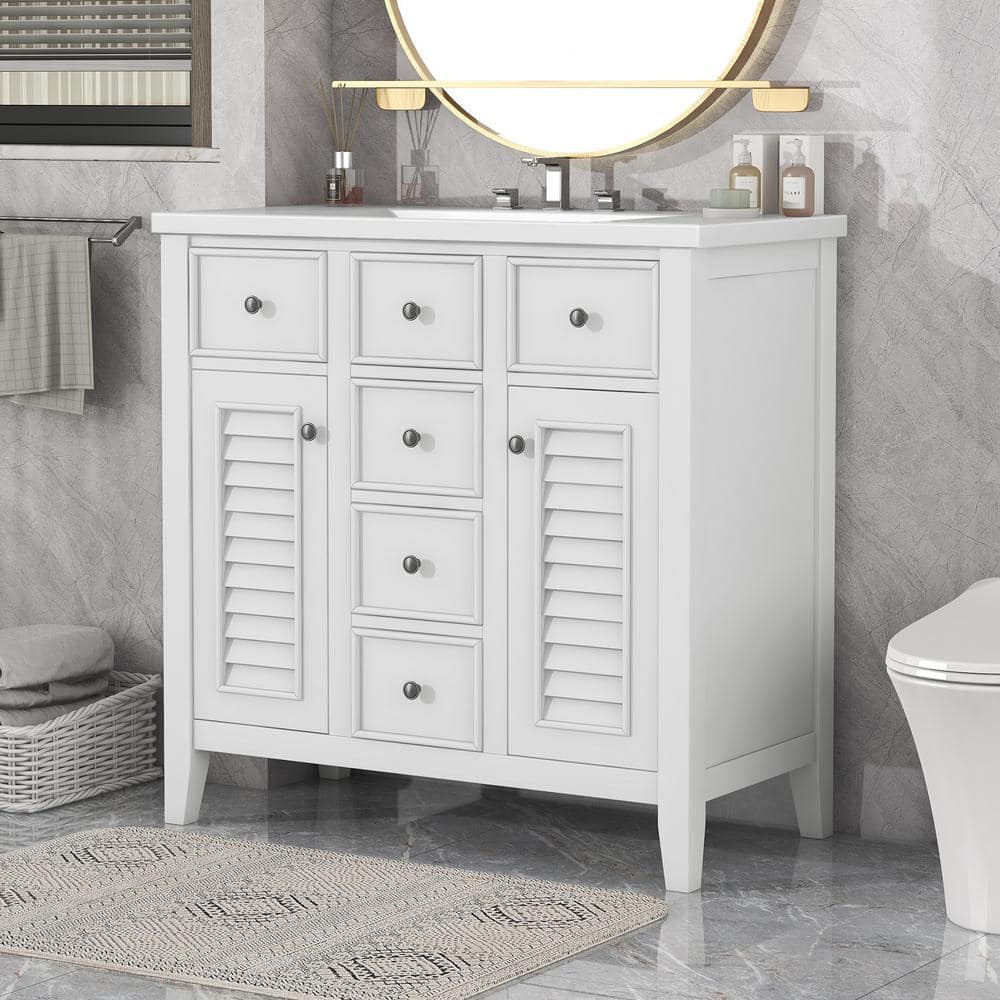 Magic Home 36 in. Bathroom Vanity Freestanding Modular Storage Cabinet with Ceramic Basin, 2 Cabinets and 5 Drawers, White