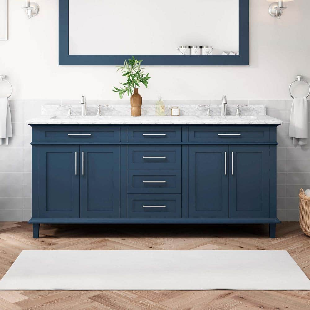 Home Decorators Collection Sonoma 72 in. Single Sink Freestanding Midnight Blue Bath Vanity with Carrara Marble Top (Assembled)