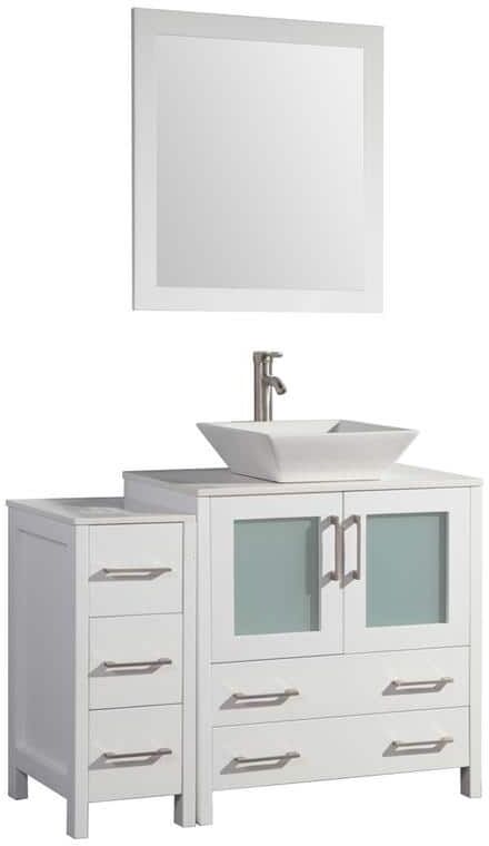 Vanity Art Ravenna 42 in. W Bathroom Vanity in White with Single Basin in White Engineered Marble Top and Mirror