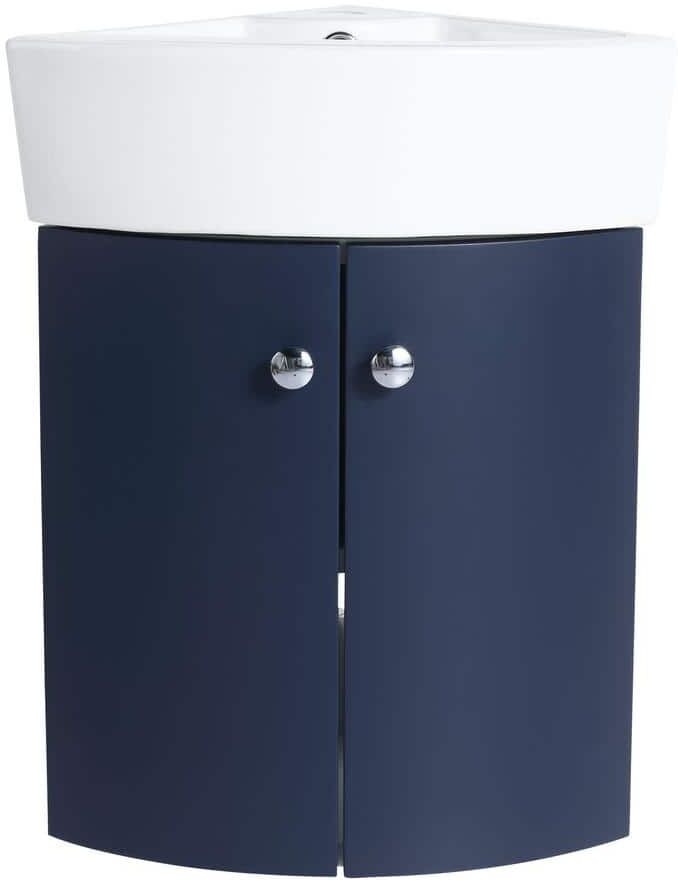 12.13 in. W x 12.13 in. D x 22.13 in. H Floating Corner Bath Vanity Single Sink in Navy Blue with White Ceramic Top