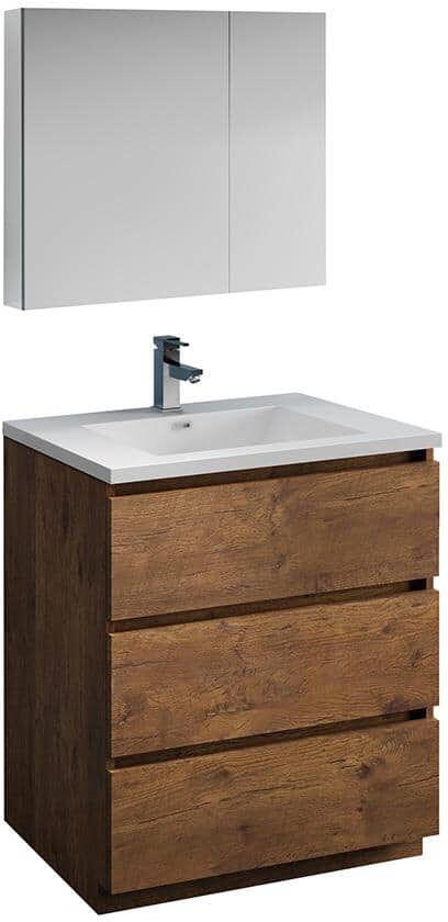 Fresca Lazzaro 30 in. Modern Bathroom Vanity in Rosewood with Vanity Top in White with White Basin and Medicine Cabinet