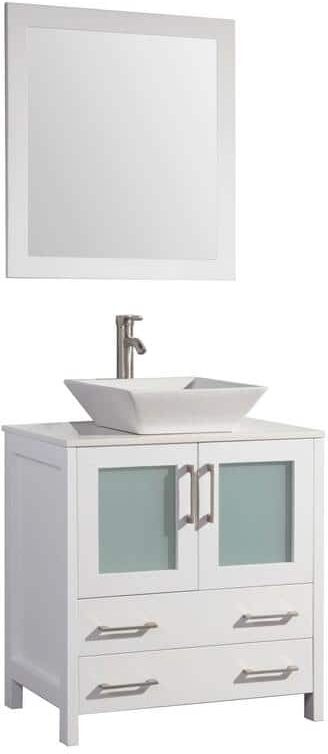 Vanity Art Ravenna 30 in. W Bathroom Vanity in White with Single Basin in White Engineered Marble Top and Mirror