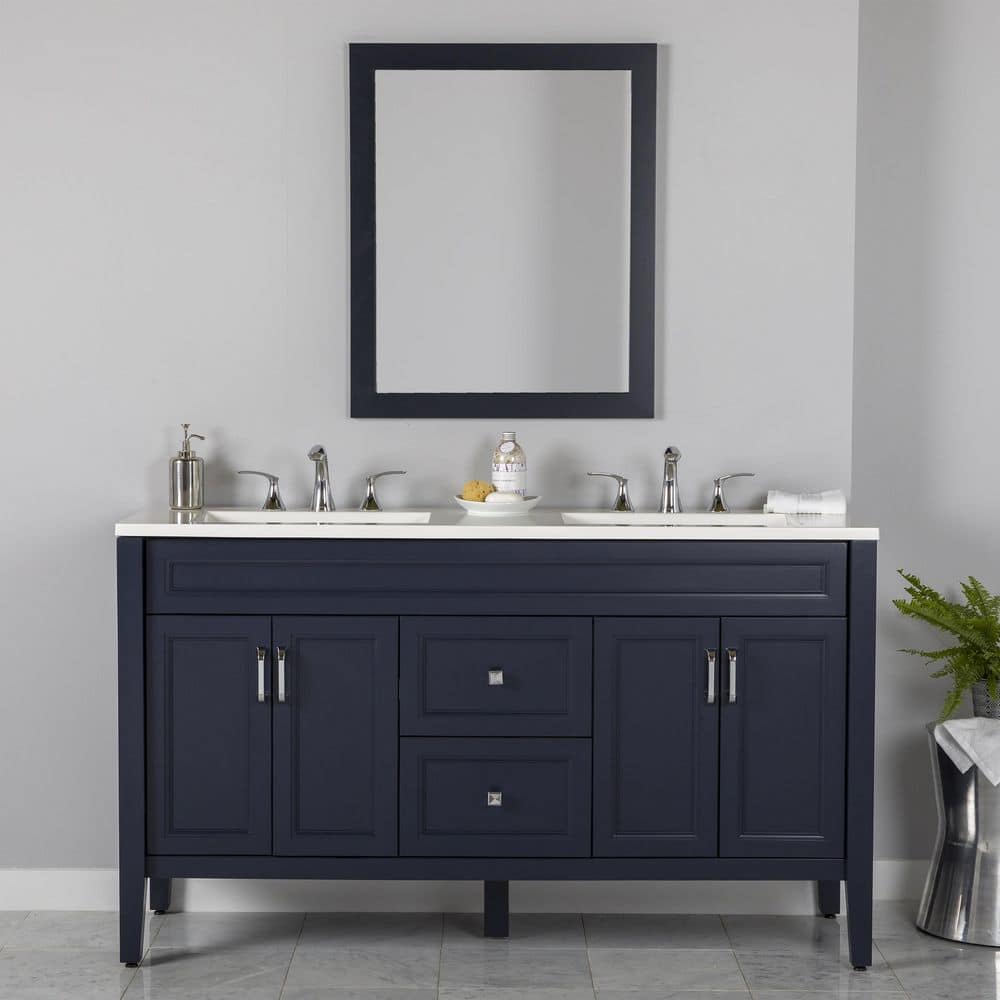 Home Decorators Collection Skylark 60 in. W x 19 in. D x 35 in. H Double Sink Freestanding Bath Vanity in Blue with White Cultured Marble Top