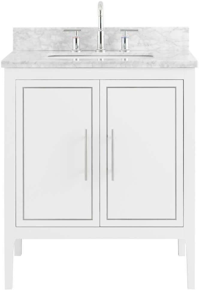 Chameleon Concepts Exeter 30 in. W x 21 in. D x 34 in. H Single Sink Bath Vanity in White with Carrara Marble Top and Ceramic Basin