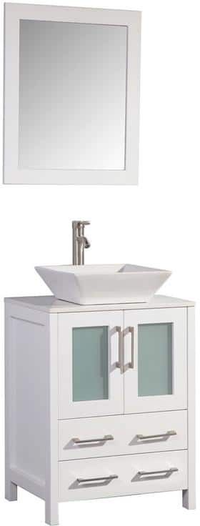 Vanity Art Ravenna 24 in. W Bathroom Vanity in White with Single Basin in White Engineered Marble Top and Mirror