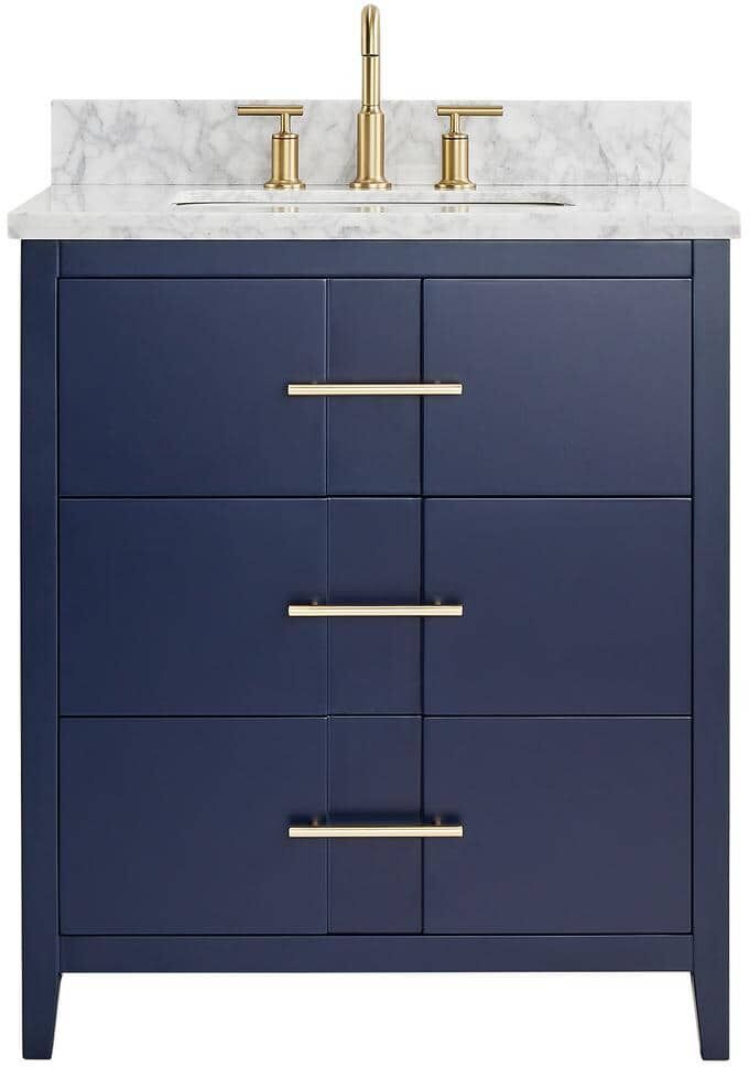 CHAMELEON CONCEPTS Emblem 30 in. W x 21 in. D x 34 in. H Single Sink Bath Vanity in Navy with Carrara Marble Top and Ceramic Basin