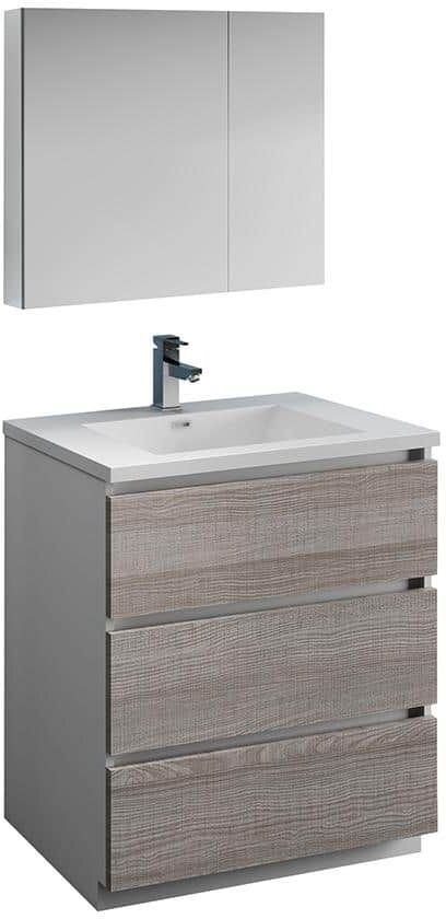 Fresca Lazzaro 30 in. Modern Bathroom Vanity in Glossy Ash Gray with Vanity Top in White with White Basin and Medicine Cabinet