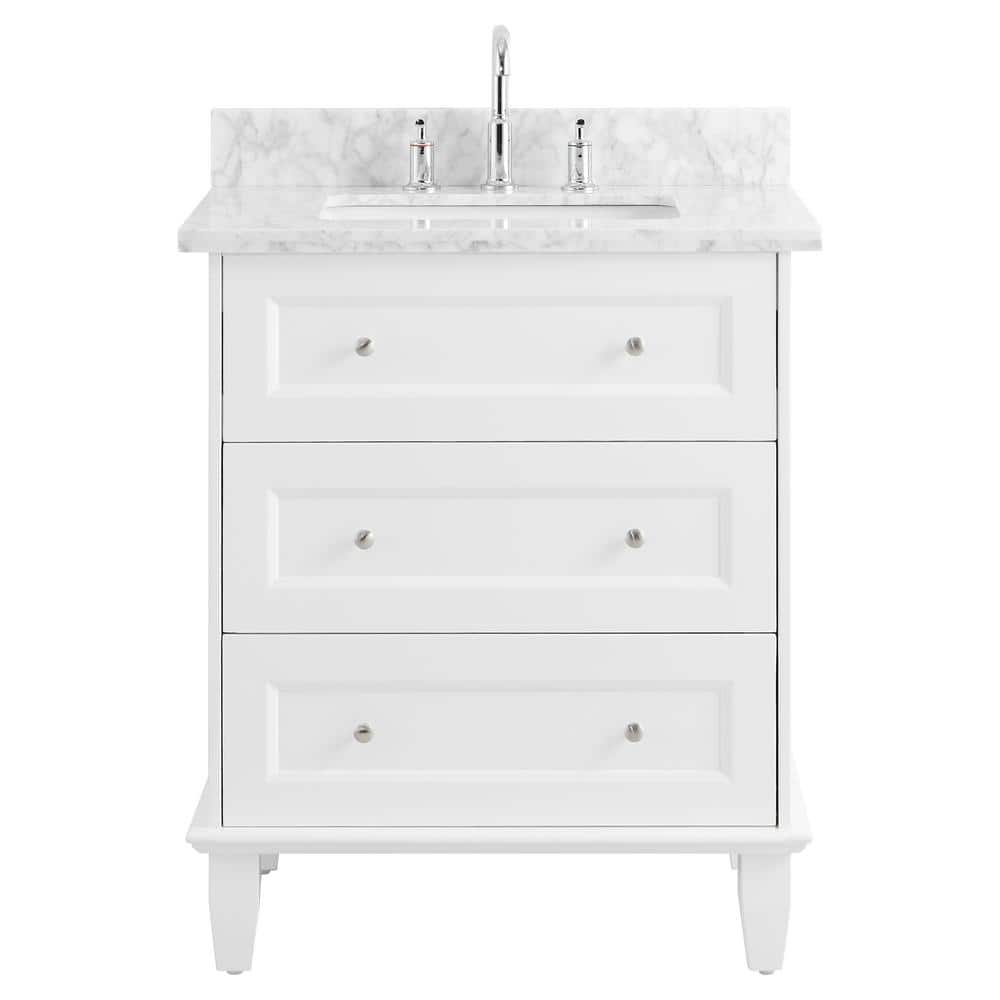 CHAMELEON CONCEPTS Lenore 30 in. W x 21 in. D x 34 in. H Single Sink Bath Vanity in White with Carrara Marble Top and Ceramic Basin