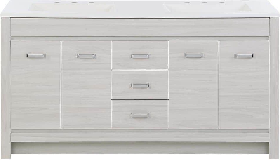 Home Decorators Collection Warford 60 in. W x 19 in. D x 33 in. H Double Sink Freestanding Bath Vanity in Elm Sky with White Cultured Marble Top