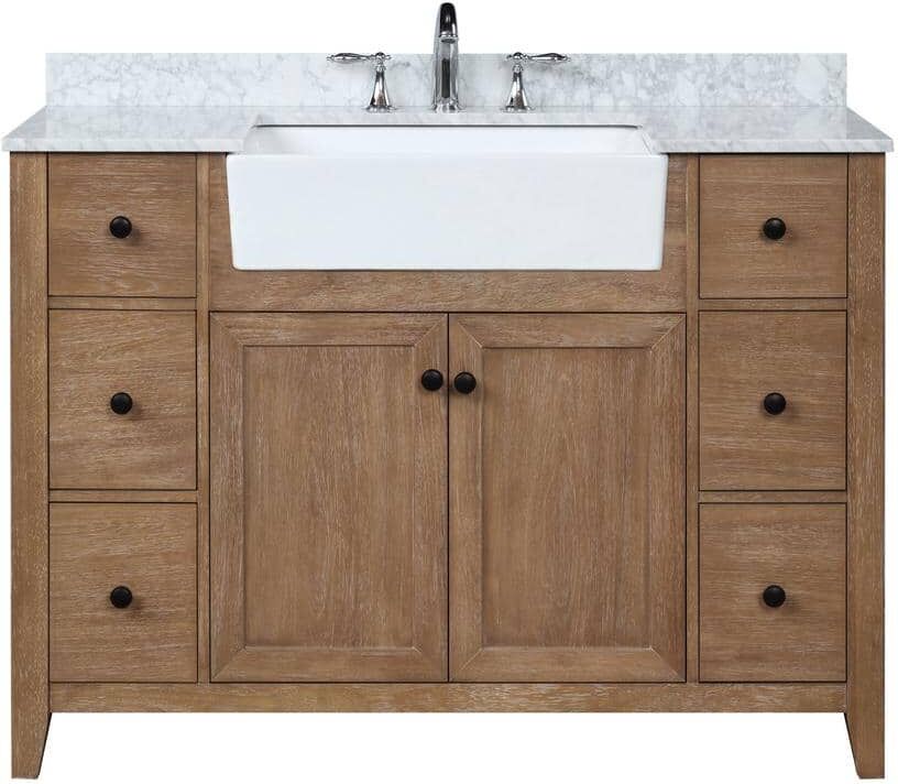 Ari Kitchen and Bath Sally 48 in. Single Bath Vanity in Ash Brown with Marble Vanity Top in Carrara White with Farmhouse Basin