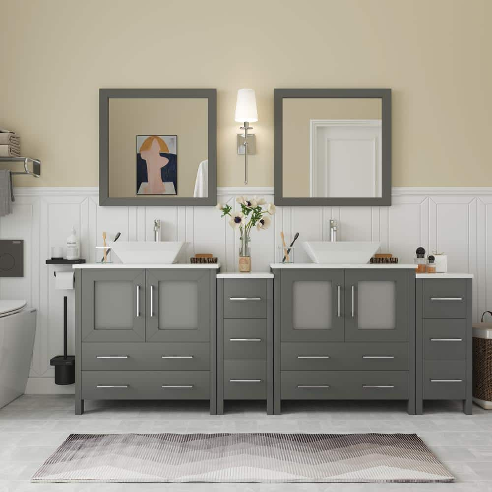 Vanity Art Ravenna 84 in. W Bathroom Vanity in Grey with Double Basin in White Engineered Marble Top and Mirrors