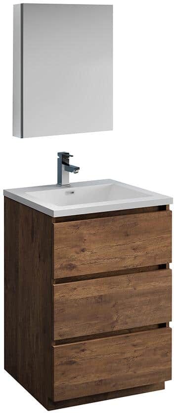 Fresca Lazzaro 24 in. Modern Bathroom Vanity in Rosewood with Vanity Top in White with White Basin and Medicine Cabinet