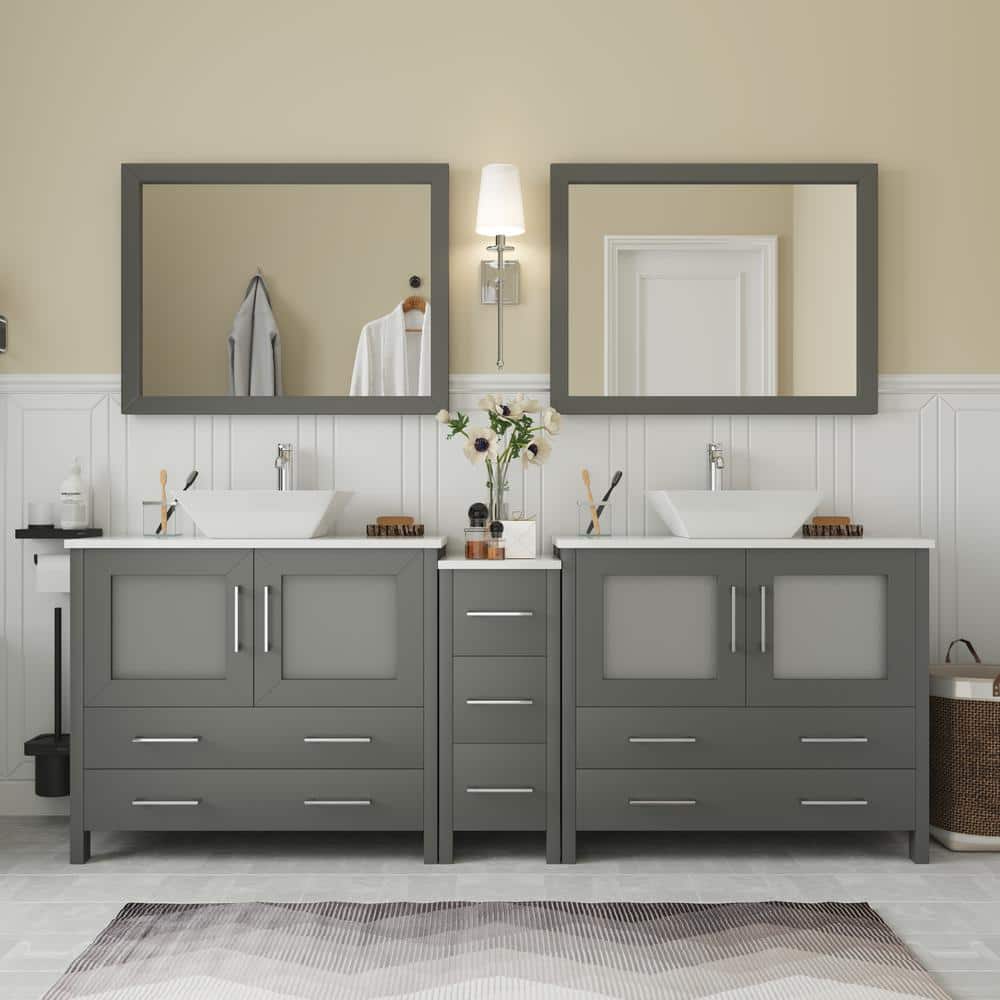 Vanity Art Ravenna 84 in. W Bathroom Vanity in Grey with Double Basin in White Engineered Marble Top and Mirrors