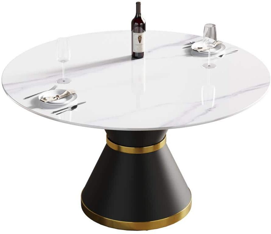 Magic Home 53.15 in. White Sintered Stone Round Tabletop Black Pedestal Base Kitchen Dining Table (Seats 6)