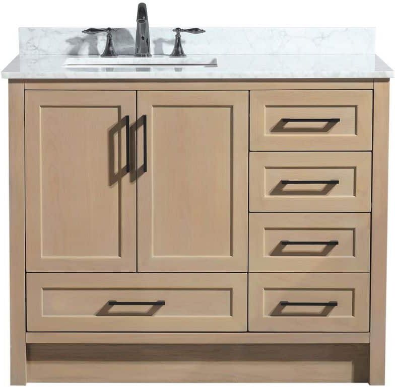 Ari Kitchen and Bath Huntington 42 in W x 22 in D x 34.5 in H Bath Vanity in Oak Gray with Marble Vanity Top in Carrara White w/ White Basin