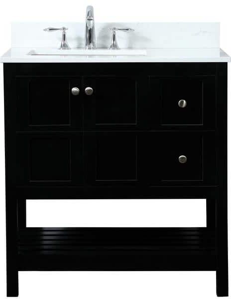 32 in. W Single Bath Vanity in Black with Engineered Stone Vanity Top in Calacatta with White Basin with Backsplash