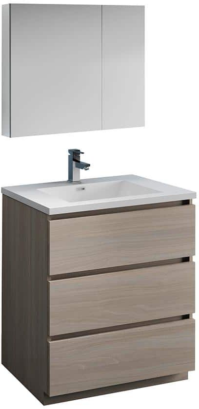 Fresca Lazzaro 30 in. Modern Bathroom Vanity in Gray Wood with Vanity Top in White with White Basin and Medicine Cabinet