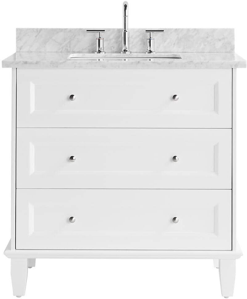 Chameleon Concepts Lenore 36 in. W x 21 in. D x 34 in. H Single Sink Bath Vanity in White with Carrara Marble Top and Ceramic Basin