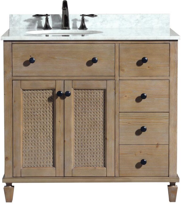 Ari Kitchen and Bath Annie 36 in. Bath Vanity in Weathered Fir with Marble Vanity Top in Carrara White with White Basin