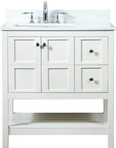 32 in. W Single Bath Vanity in White with Engineered Stone Vanity Top in Calacatta with White Basin with Backsplash