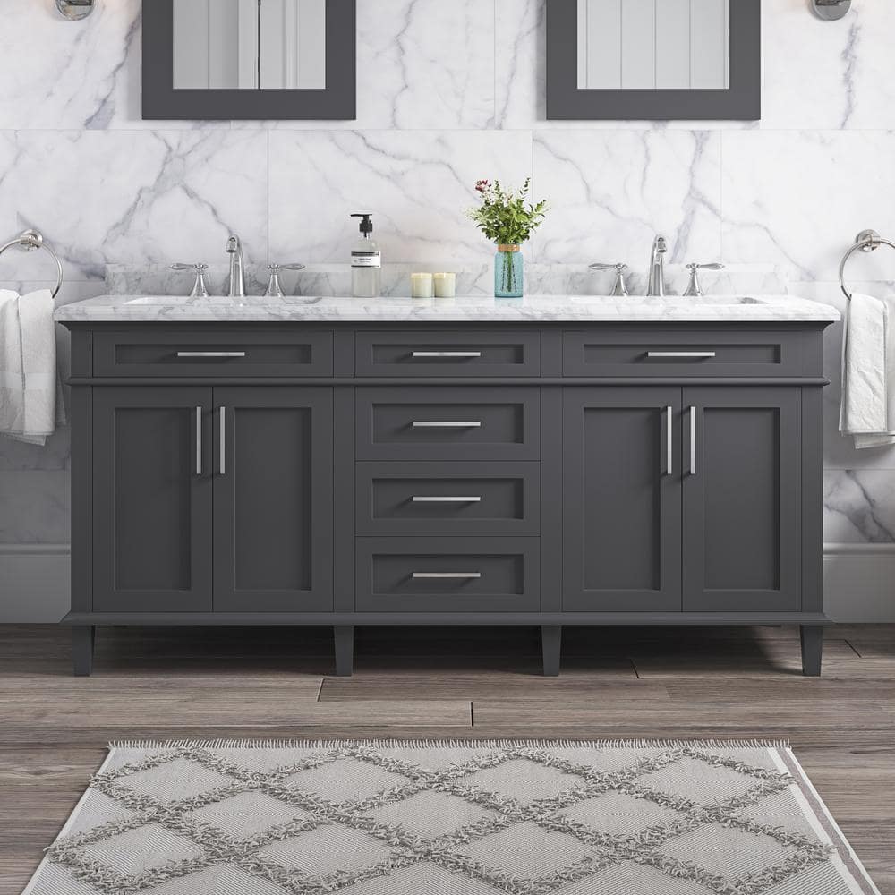 Home Decorators Collection Sonoma 72 in. Double Sink Freestanding Dark Charcoal Bath Vanity with Carrara Marble Top (Assembled)