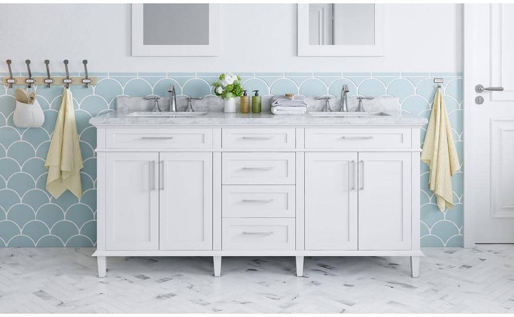 Home Decorators Collection Sonoma 72 in. Double Sink Freestanding White Bath Vanity with Carrara Marble Top (Assembled)