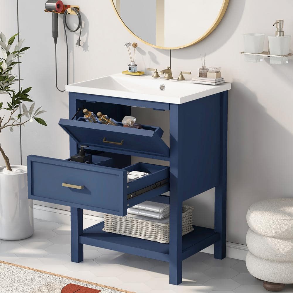 Magic Home 24 in. Modern Bathroom Vanity Storage Freestanding Cabinet with Tip-out Drawer and Single Top Sink, Blue