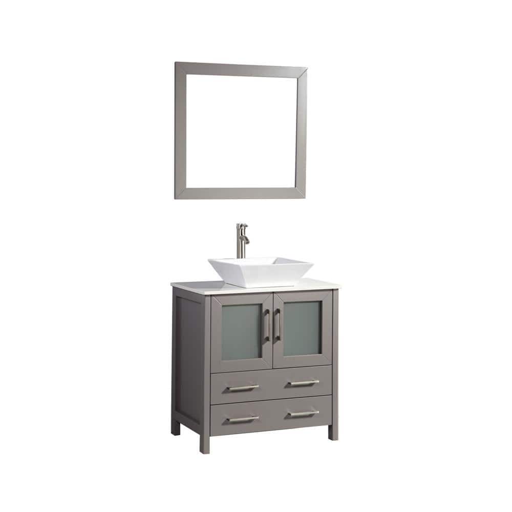 Vanity Art Ravenna 30 in. W Bathroom Vanity in Grey with Single Basin in White Engineered Marble Top and Mirror