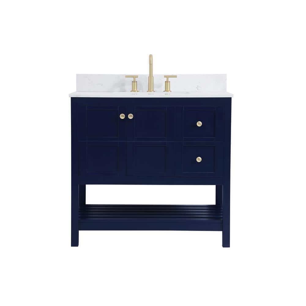 Simply Living 36 in. W x 22 in. D x 34 in. H Bath Vanity in Blue with Calacatta White Engineered Marble Top
