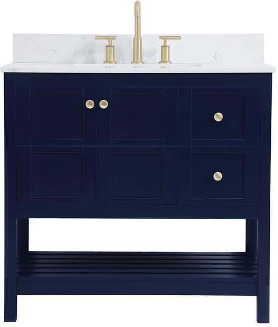 Timeless Home 36 in. W Single Bath Vanity in Blue with Engineered Stone Vanity Top in White and Basin with Backsplash