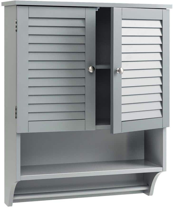 Costway 23 in. W x 9 in. D x 30 in. H Bathroom Storage Wall Cabinet in Grey Medicine Cabinet with Louvered Doors and Towel Bar