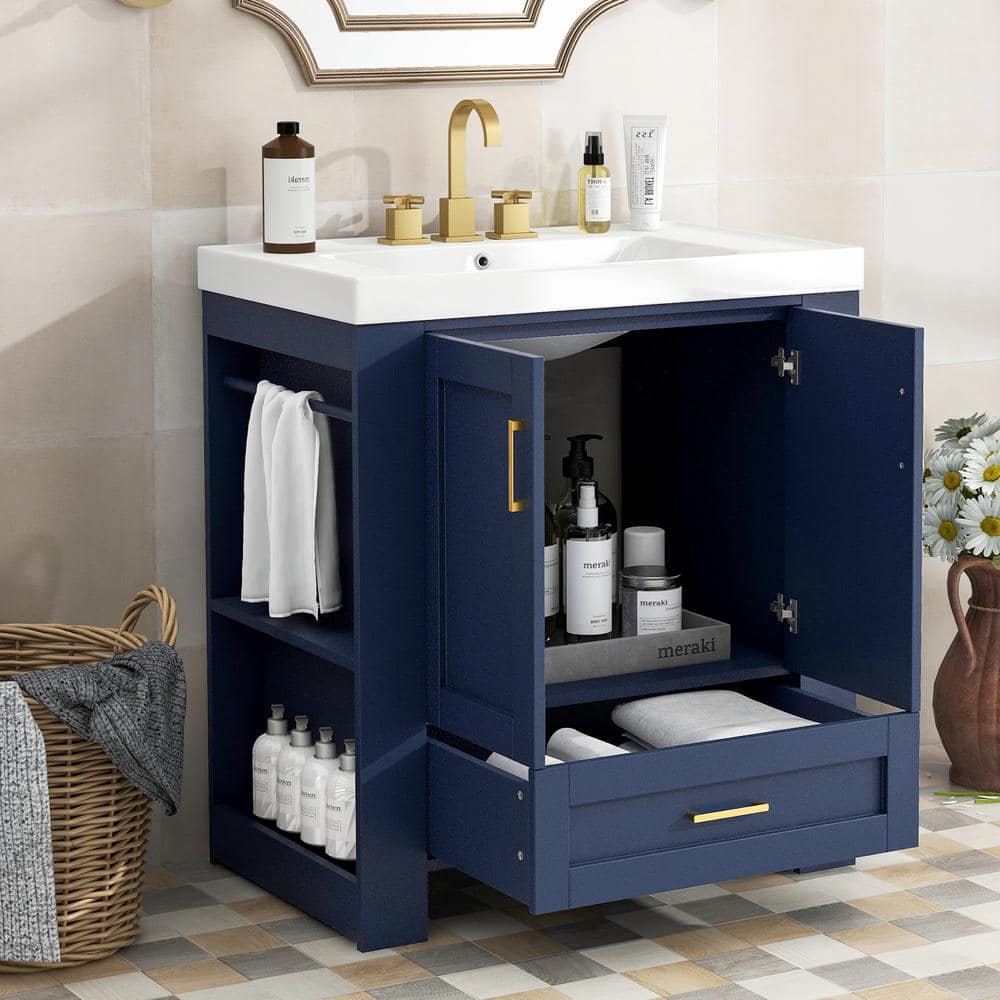 Magic Home 30 in. Freestanding Bathroom Vanity Modern Storage Cabinet with Double-Sided Storage Shelf, Single Basin Sink, Blue