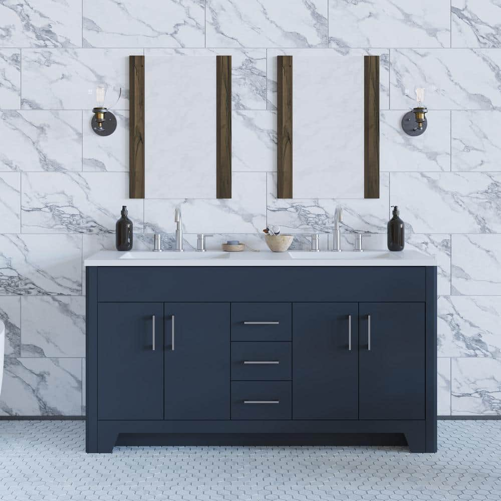 Home Decorators Collection Branine 60 in. W x 19 in. D x 33 in. H Double Sink Freestanding Bath Vanity in Deep Blue with White Cultured Marble Top