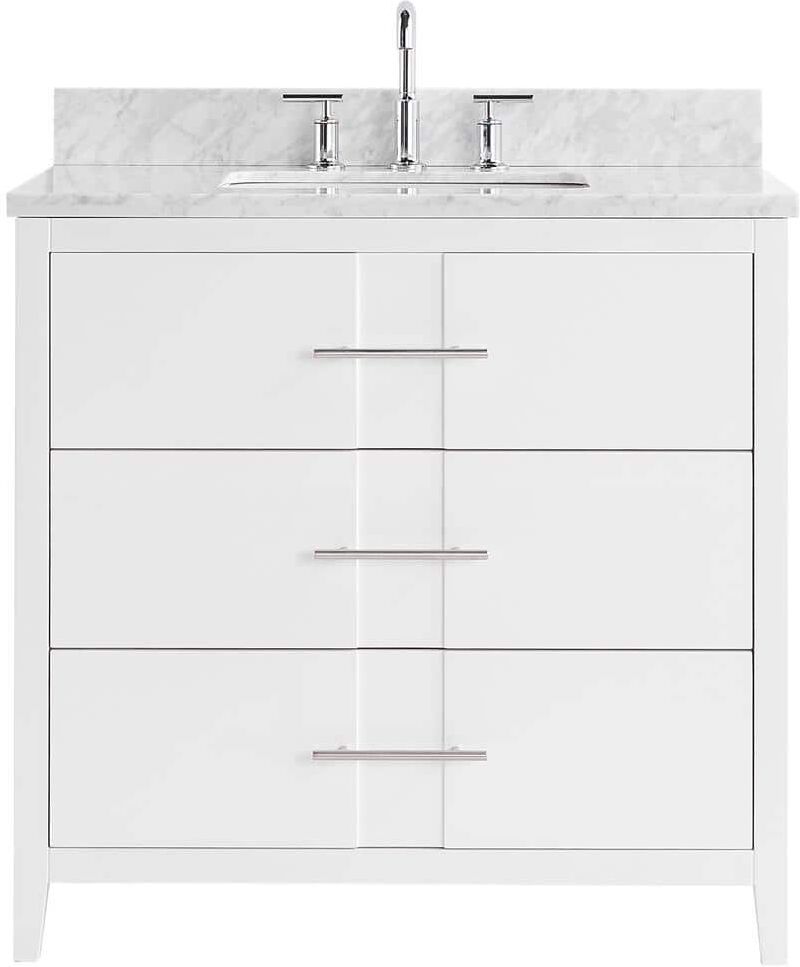 CHAMELEON CONCEPTS Emblem 36 in. W x 21 in. D x 34 in. H Single Sink Bath Vanity in White with Carrara Marble Top and Ceramic Basin