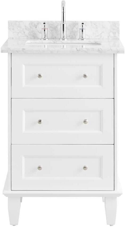 CHAMELEON CONCEPTS Lenore 24 in. W x 21 in. D x 34 in. H Single Sink Bath Vanity in White with Carrara Marble Top and Ceramic Basin