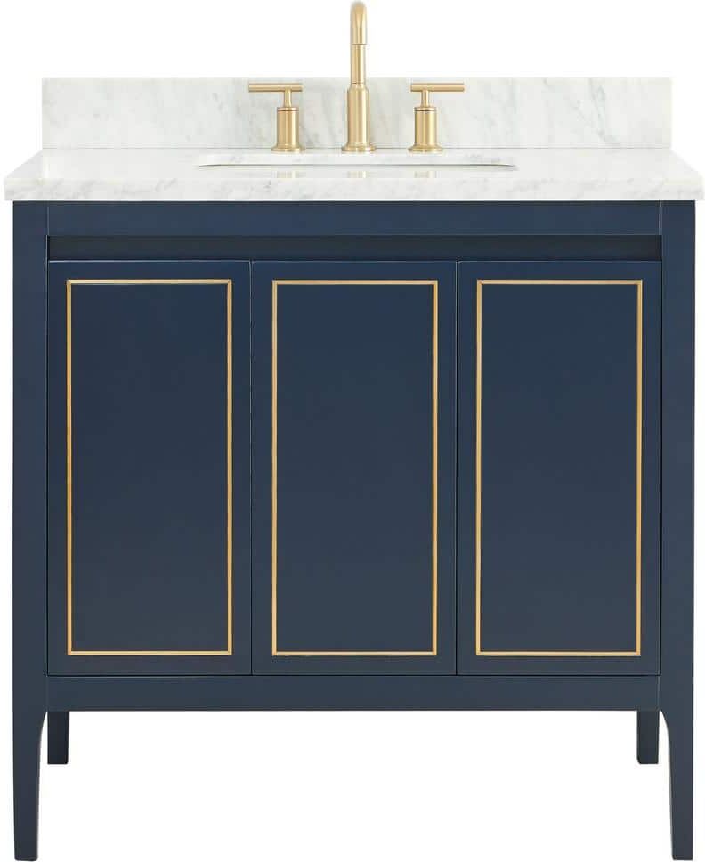 Chameleon Concepts Exeter 36 in. W x 21 in. D x 34 in. H Single Sink Bath Vanity in Navy with Carrara Marble Top and Ceramic Basin