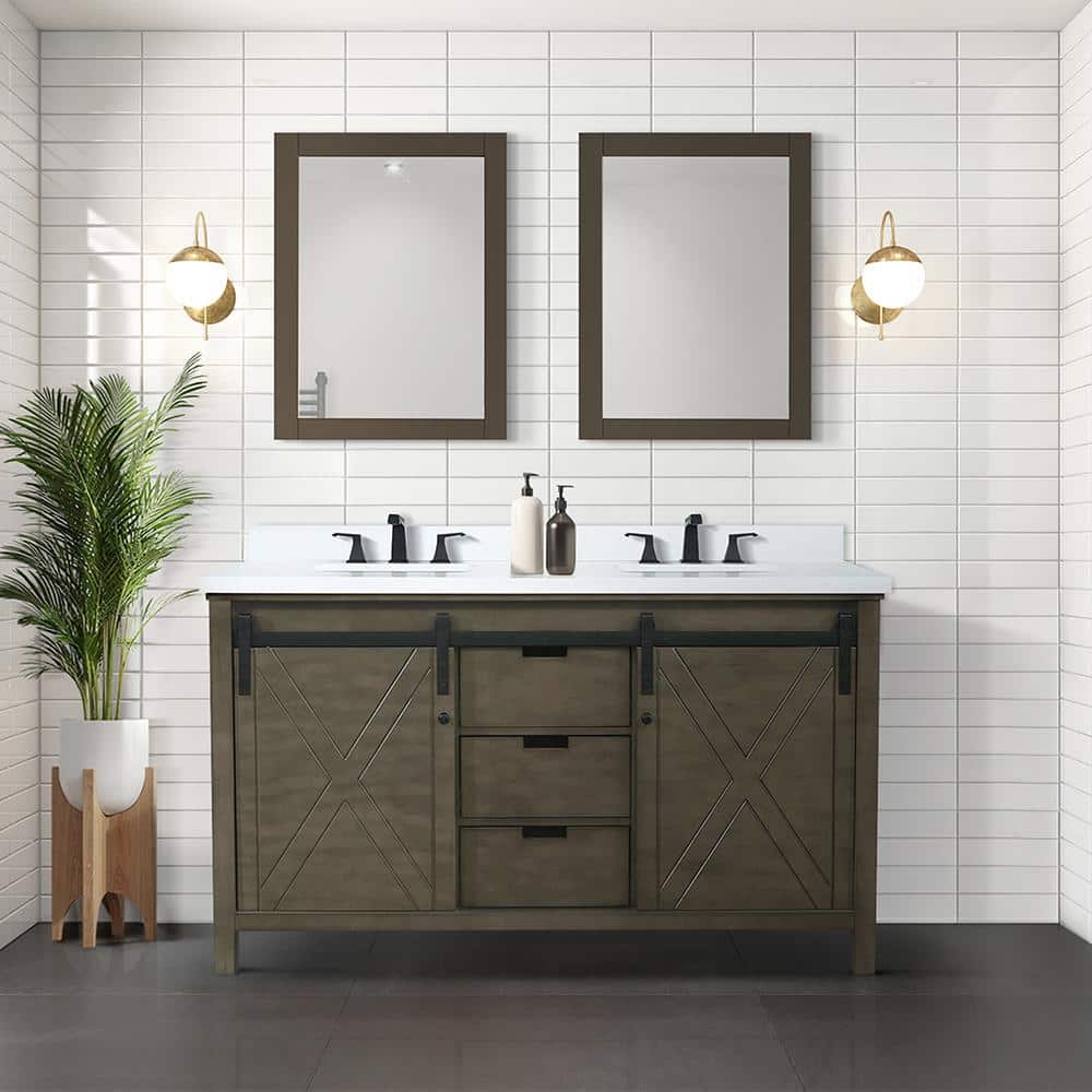 Lexora Marsyas 60 in W x 22 in D Rustic Brown Double Bath Vanity, White Quartz Countertop and 24 in Mirrors