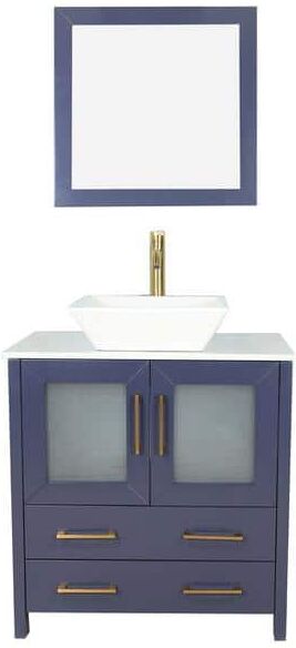 Vanity Art Ravenna 30 in. W Single Basin Bathroom Vanity in Blue with White Engineered Marble Top and Mirror