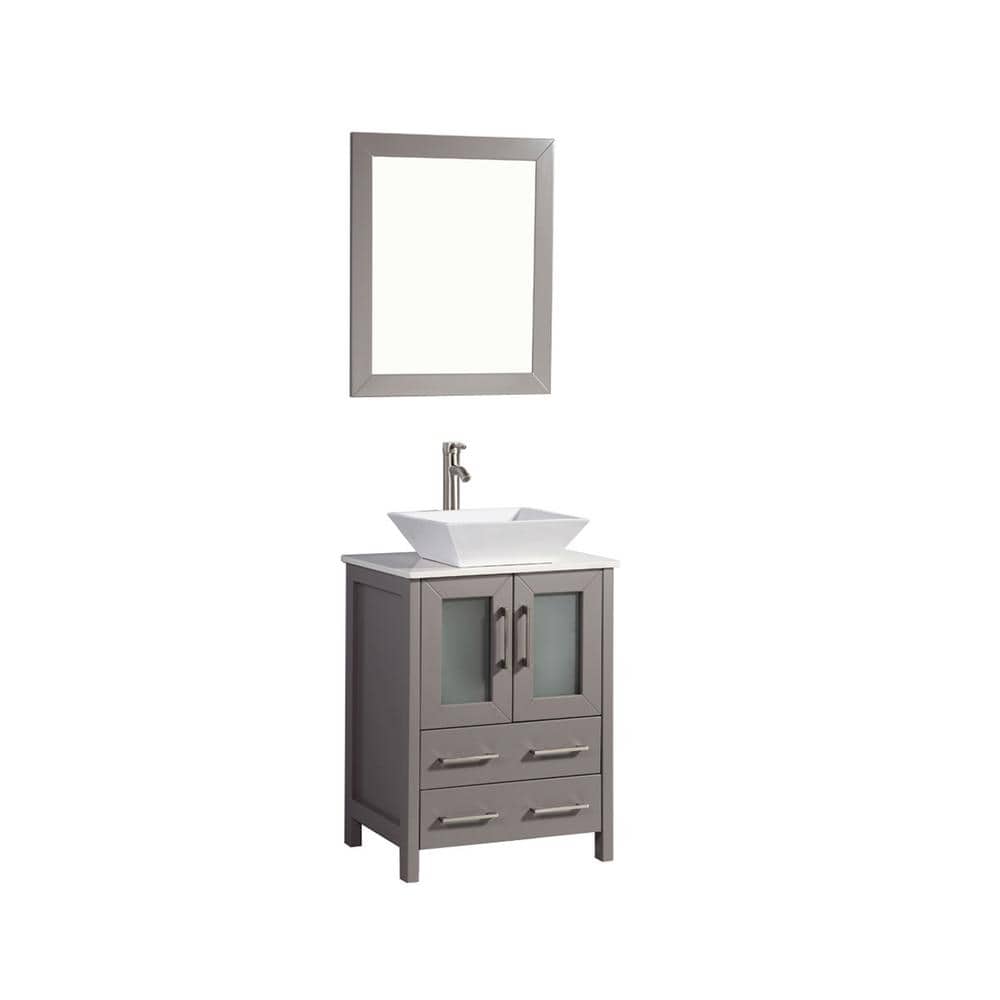 Vanity Art Ravenna 24 in. W Bathroom Vanity in Grey with Single Basin in White Engineered Marble Top and Mirror