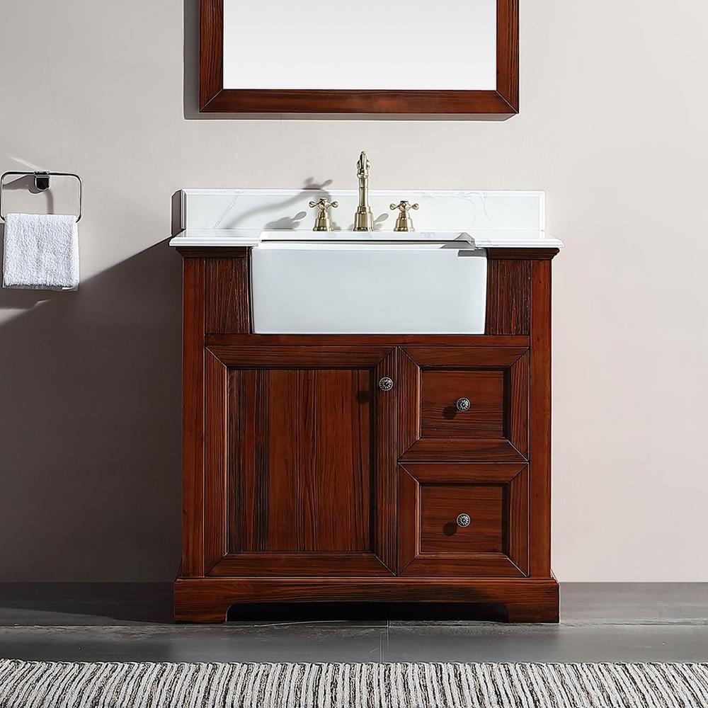 Lonni 36" W x 22" D x 35" H Brown Freestanding Bathroom Vanity, Solid Wood, with Sink and White Quartz Stone Countertop