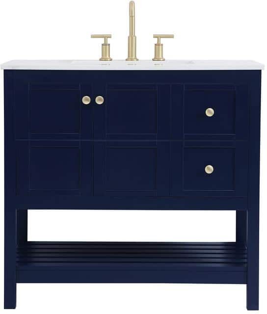 Timeless Home 36 in. W x 22 in. D x 34 in. H Single Bathroom Vanity in Blue with White Engineered Stone with White Basin