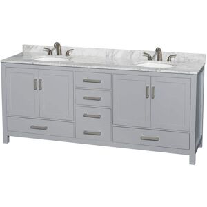 Wyndham Collection Sheffield 80 in. W x 22 in. D x 35 in. H Double Bath Vanity in Gray with White Carrara Marble Top