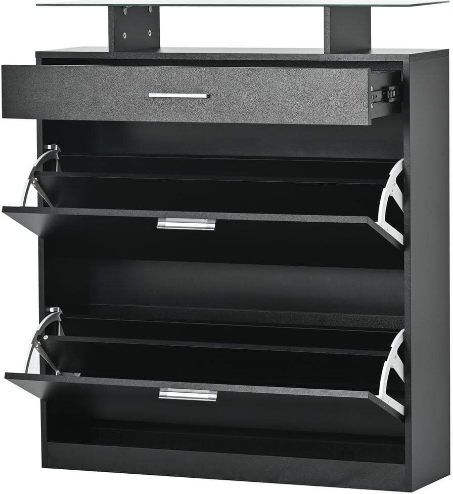 35 in. W x 9.4 in. D x 40.9 in. H Black Wood Linen Cabinet with 2 Flip Drawers, Tempered Glass Top and LED Light