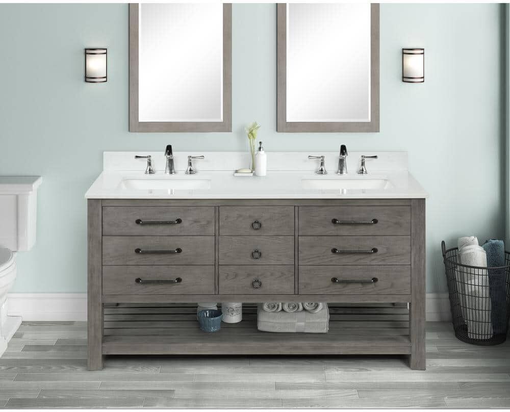 Home Decorators Collection Nashua 61 in Bath Vanity in Gray with Engineered Stone Vanity Top in White with Basin