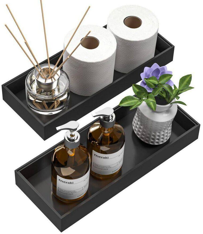 Dracelo Freestanding Organizer Bathroom Bamboo Vanity Tray Black Set of 2