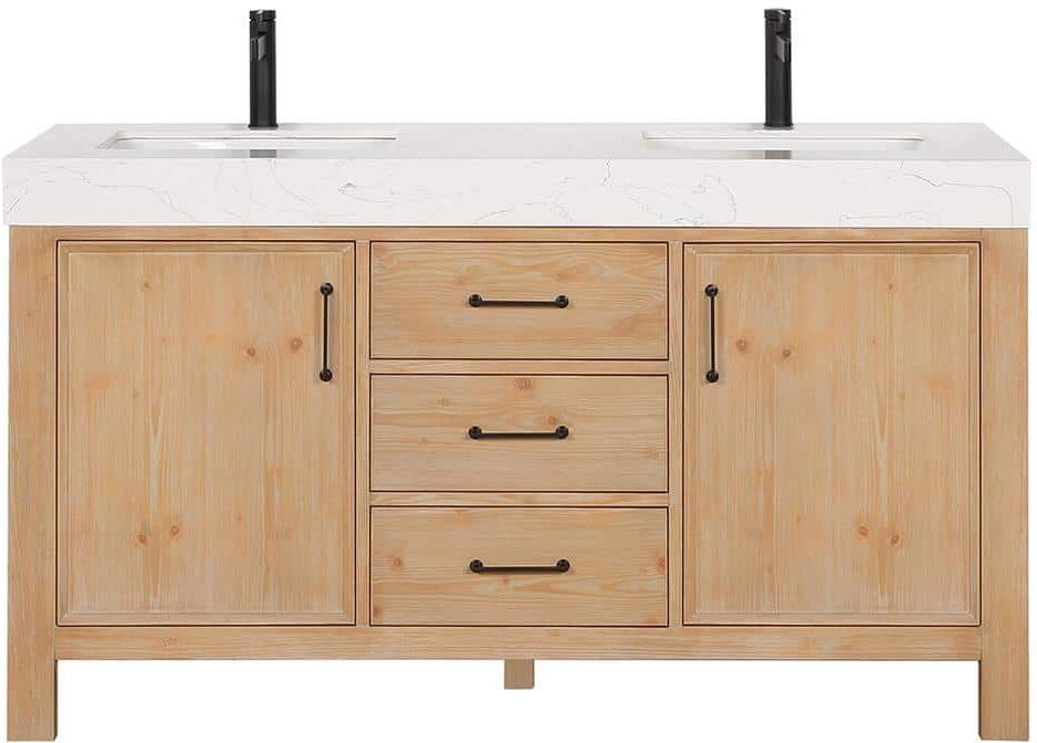 ROSWELL León 60 in.W x 22 in.D x 34 in.H Double Sink Bath Vanity in Fir Wood Brown with White Composite Stone Top